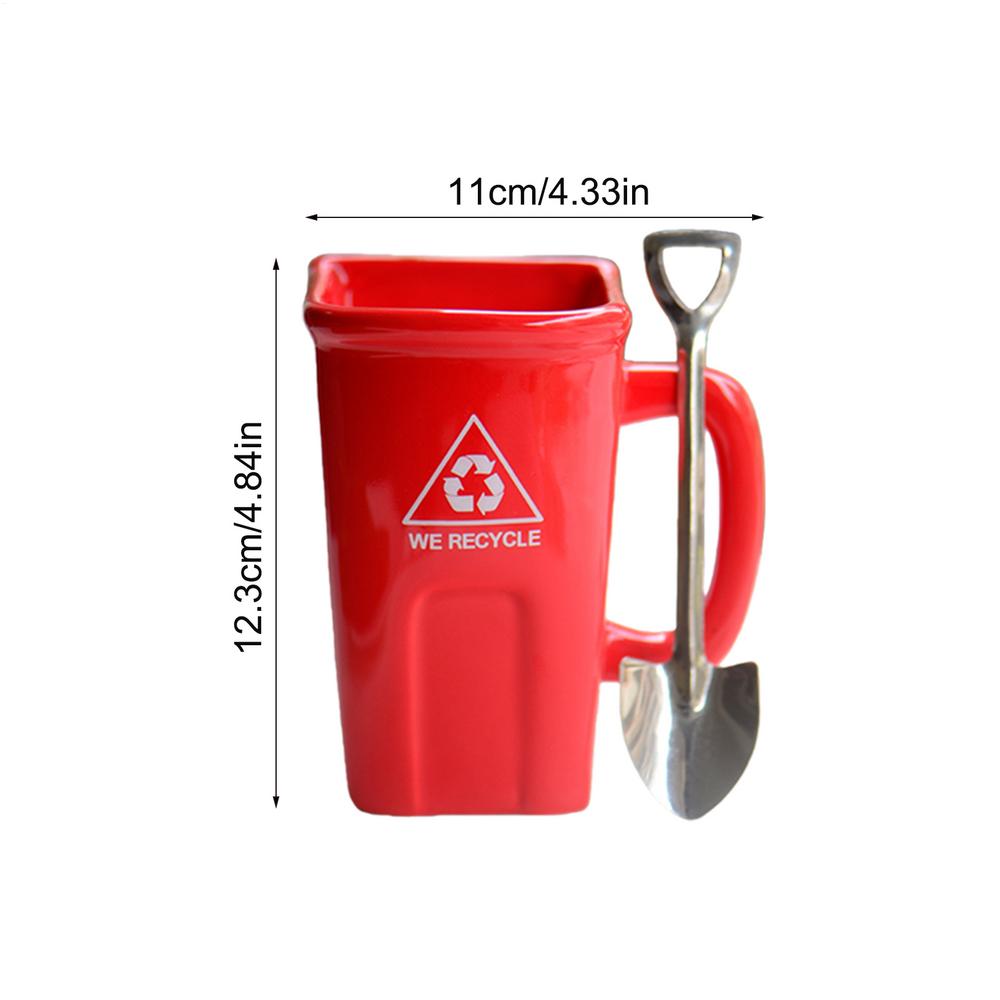 Funny Trash Can Shaped Mug with shovel shaped spoon, Creative Ceramic Trash Can-shaped Coffee Mug, Breakfast Cup Microwave Safe