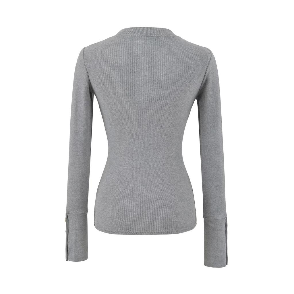 Korean-Style Slim Fit Henry Collar Fleece Long Sleeve T-Shirt for Women - Autumn/Winter Stretchy Base Layer Top