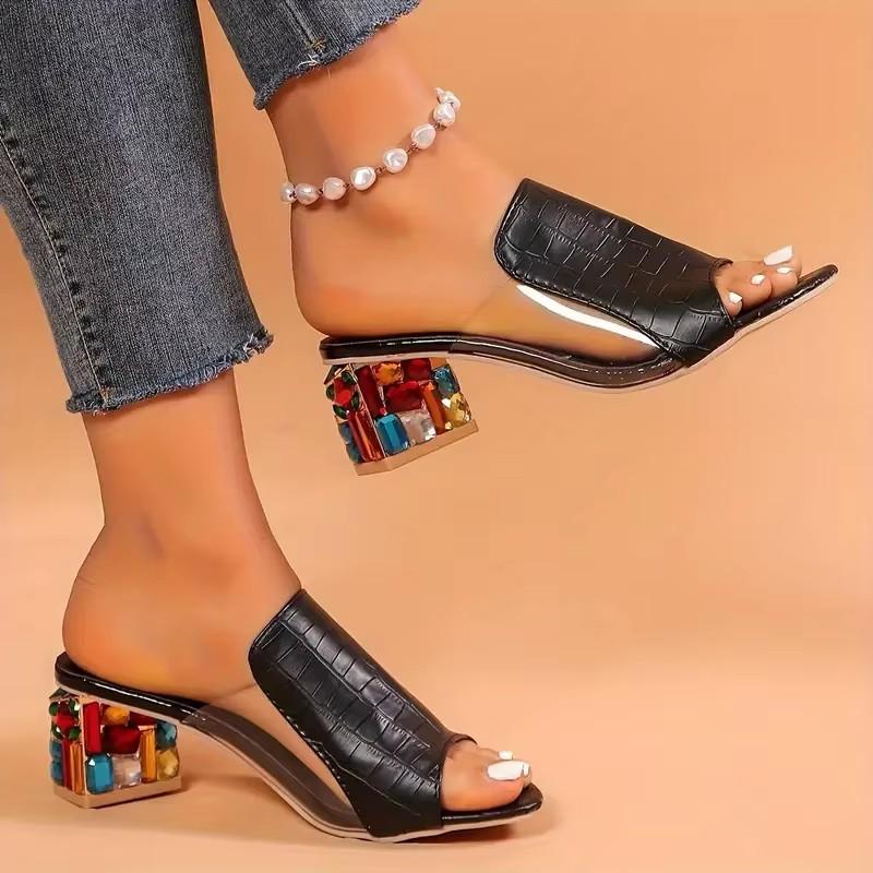 Women's Summer PU Leather Mules Sandals, Chunky Heel Rhinestone Slippers, Fashion Comfort Sandals for Party, Plus Size Available