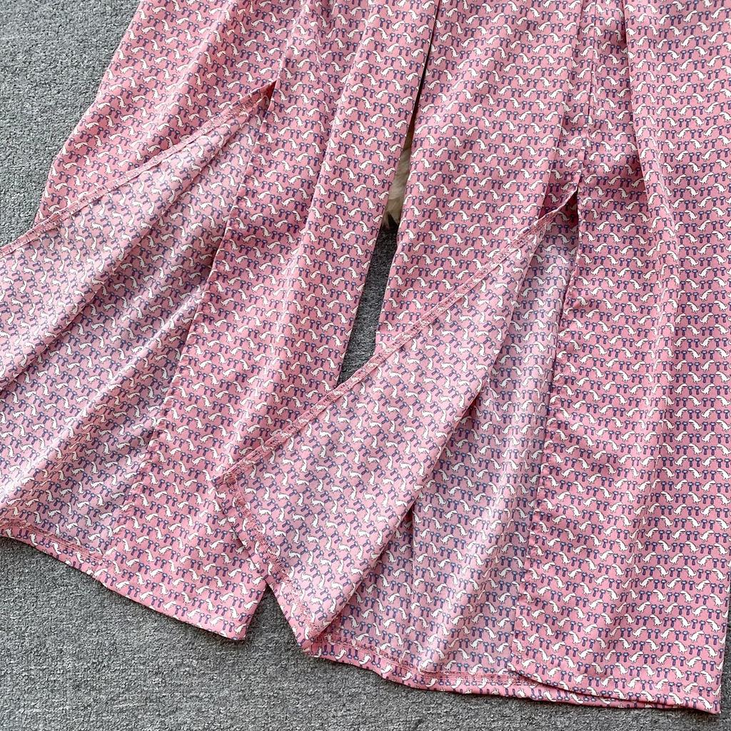 Bohemian Seaside Holiday Sle Zweiteiliger Anzug mit Wellenmuster, Camisole-Ärmel, vielseitiges, geschlitztes Hosenset mit weitem Bein