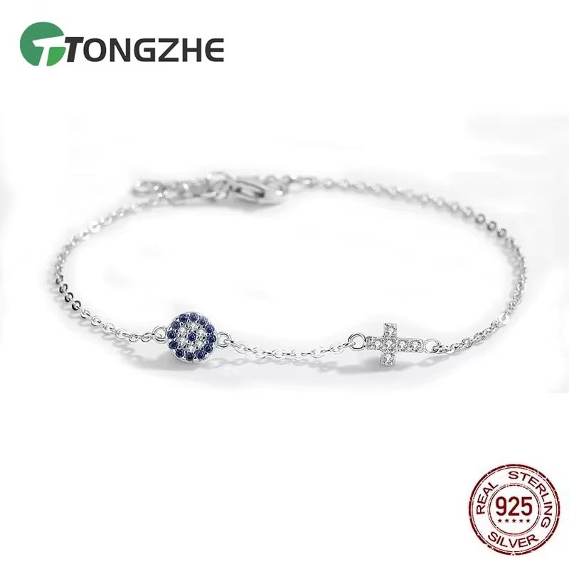 

TONGZHE 925 Silver Hamsa Lucky Evil Eye Cross Bracelet Wonder Women Small Blue Cystal Stones Fine Wedding Jewelry 19cm