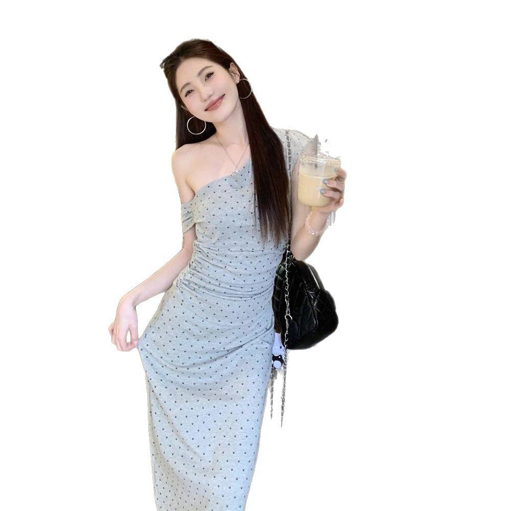 Premium gray diagonal neck off-the-shoulder dress, summer drape niche design polka dot waist slim temperament dress