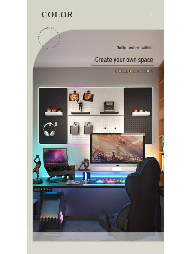 Esports Gaming Desk with Pegboard Wall Organizer and Equipment Rack
