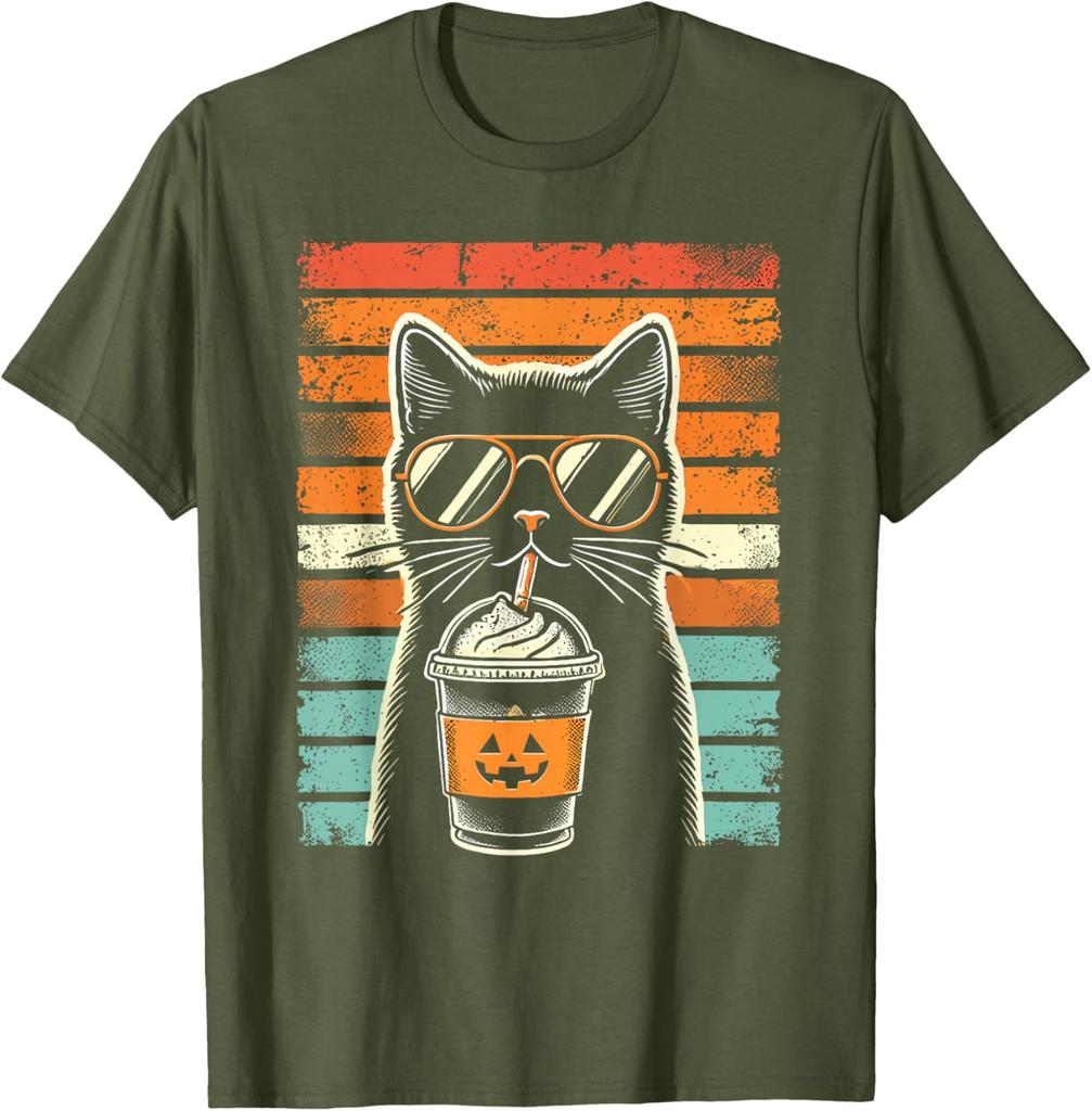Black Cat Pumpkin Spice Latte Hipster Graphic Tee Retro Distressed TShirt Casual