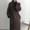 Women Lapel Wool Blend Coat Belted Waist Long Maxi Coat Loose Casual Elegant Winter Outerwear Wool Overcoat