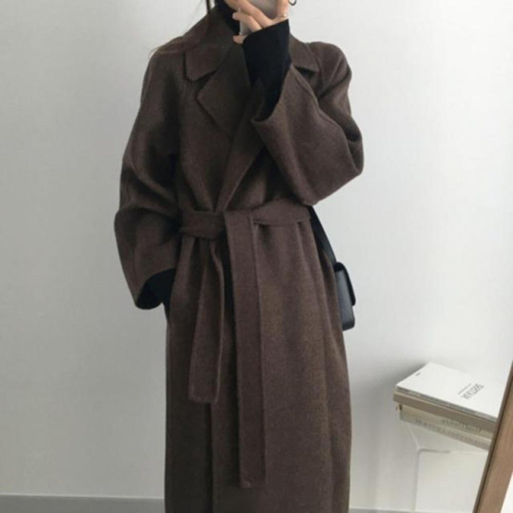Women Lapel Wool Blend Coat Belted Waist Long Maxi Coat Loose Casual Elegant Winter Outerwear Wool Overcoat