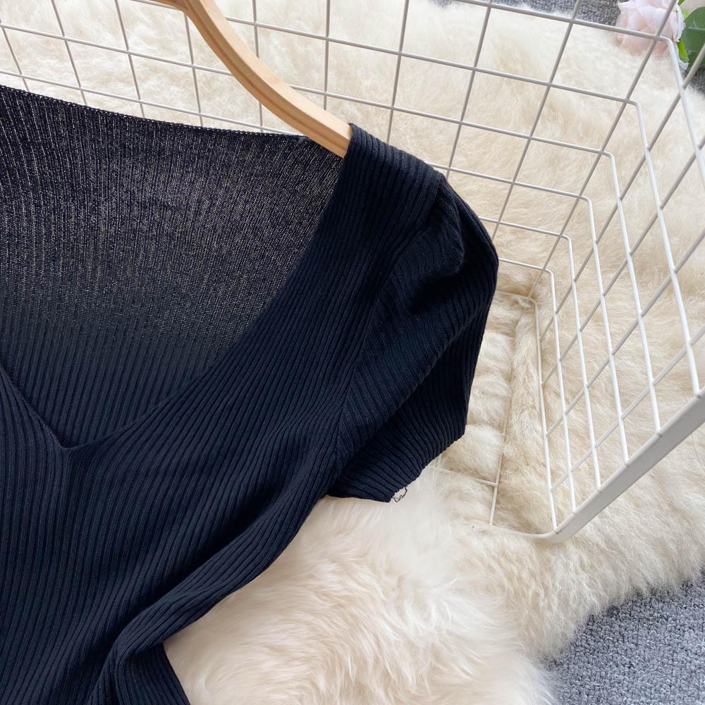 Sweet Temperament Two-Piece Suit V-Neck Knitted Top Blue Cake Skirt Mesh High Waist Retro Tutu Skirt