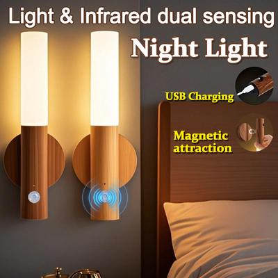 LED Night Light USB Charging Intelligent Human Induction For Bedside Cabinet Home Wardrobe Lighting Motion Sensor Light LED Lamp White Wax Wood/Walnut
