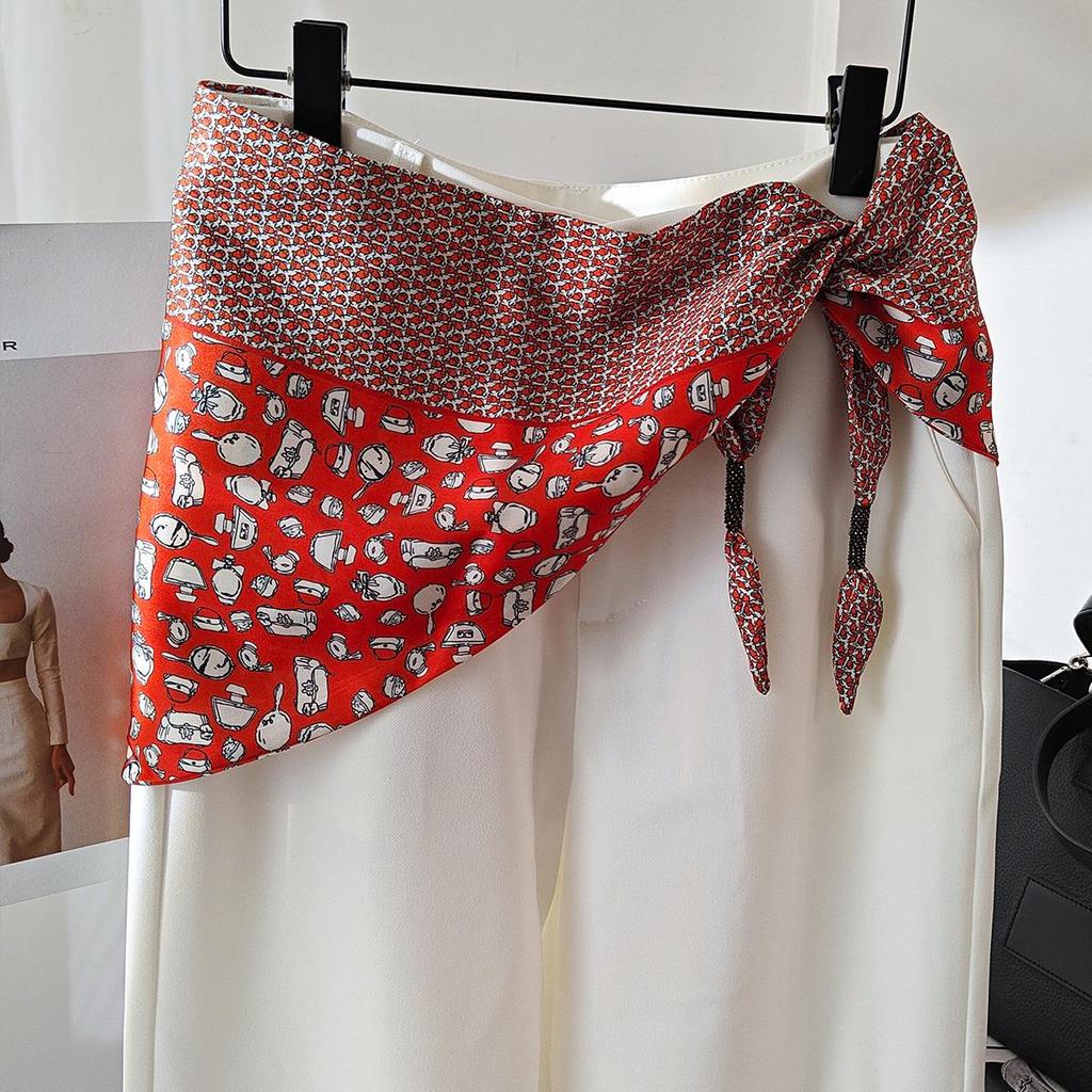 Koreańska damska warstwowa trójkątna jedwabna chusta - modny dodatek do talii na rok 2025 do dżinsów