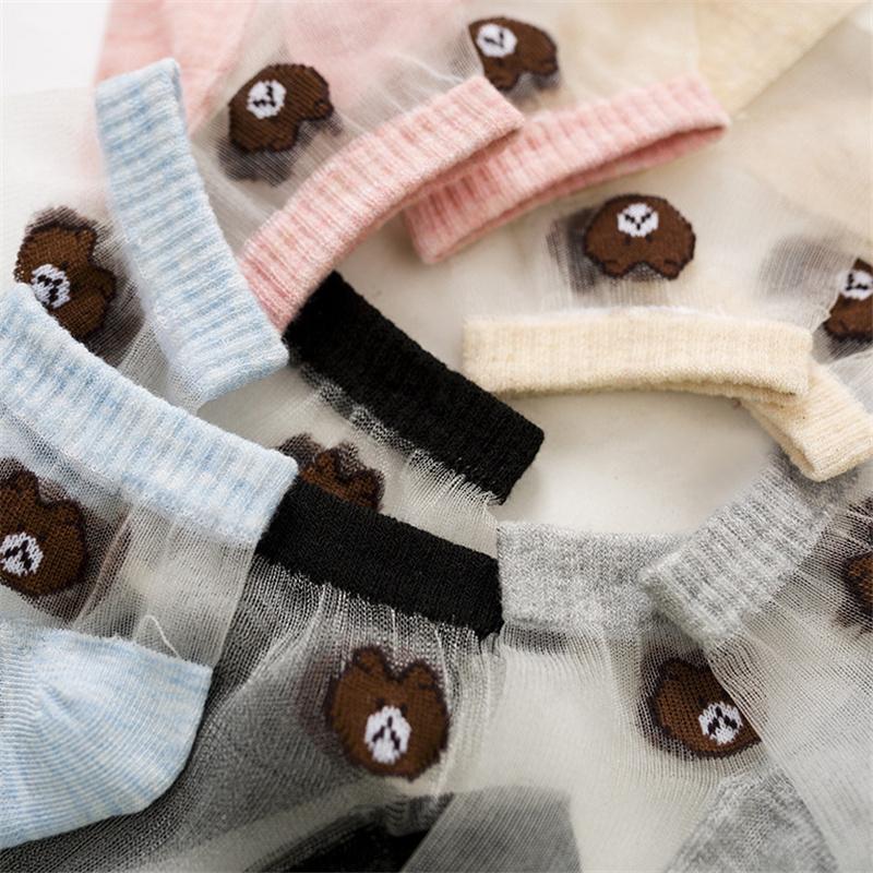 5pais Women Girl Summer Thin Cartoon Bear Female Crystal Silk Socks Transparentsocks Lace Breathable Non-slip Glass Silk Socks