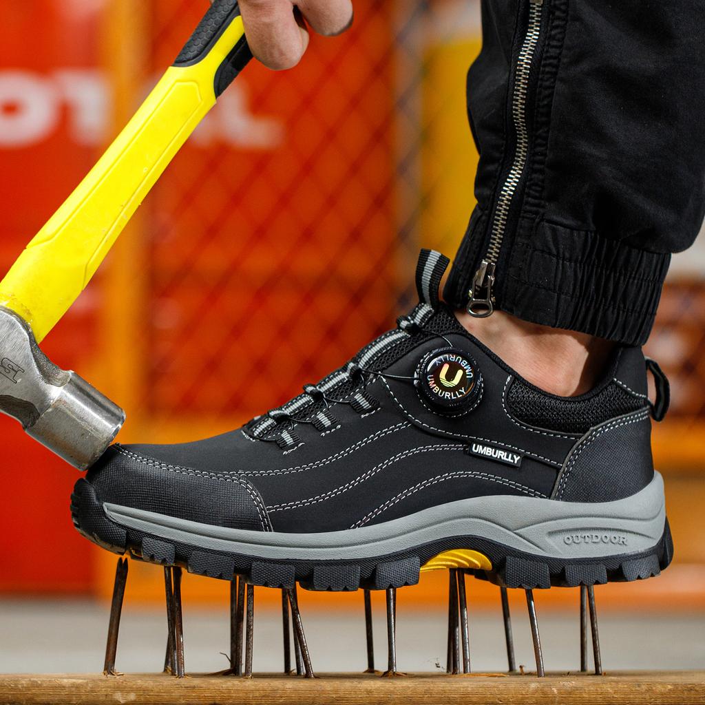 Scarpe antinfortunistiche da uomo impermeabili con puntale in acciaio, chiusura a rotella, in pelle nera, scarpe da lavoro da uomo, sneakers protettive antiscivolo
