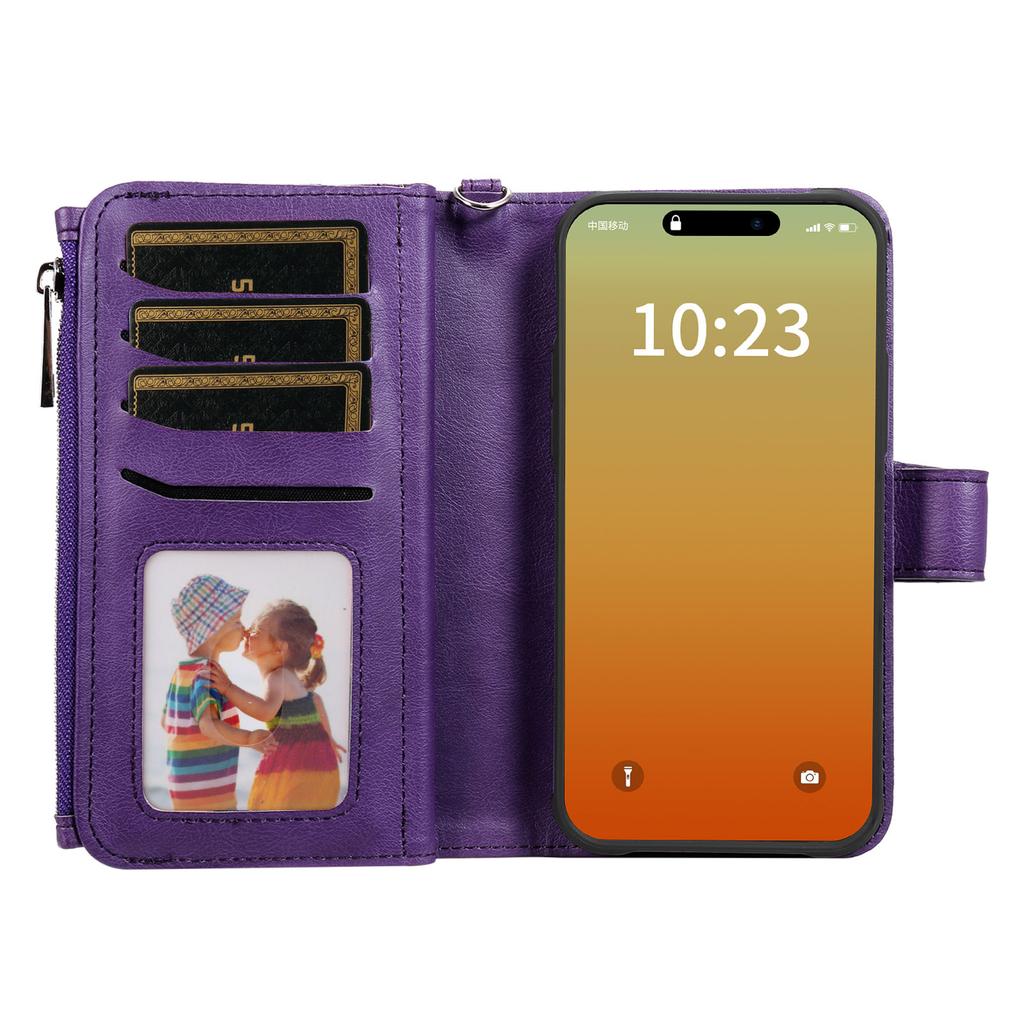 For iPhone 15 Pro Max Magnetic Leather Case Mobile Cover with Detachable Zipper Wallet Strap