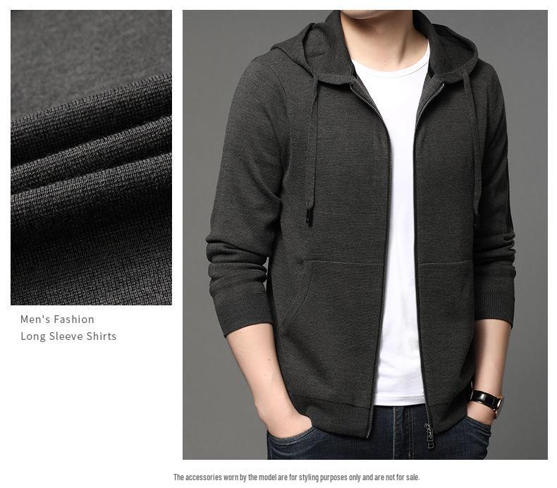Men's Trendy Korean-Style Solid Color Zipper Hoodie - Long Sleeve Knit Cardigan