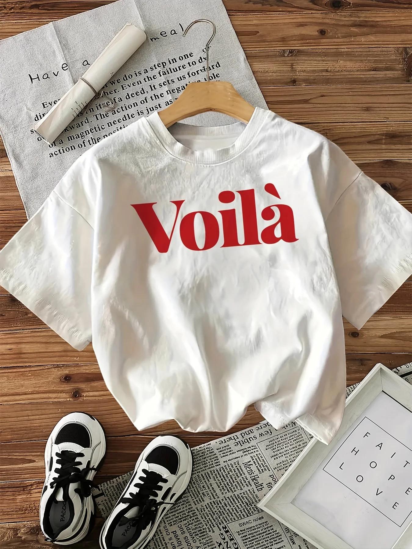 Round Neck TShirt Voila Letter Print ShortSleeve Aesthetic Clothes S