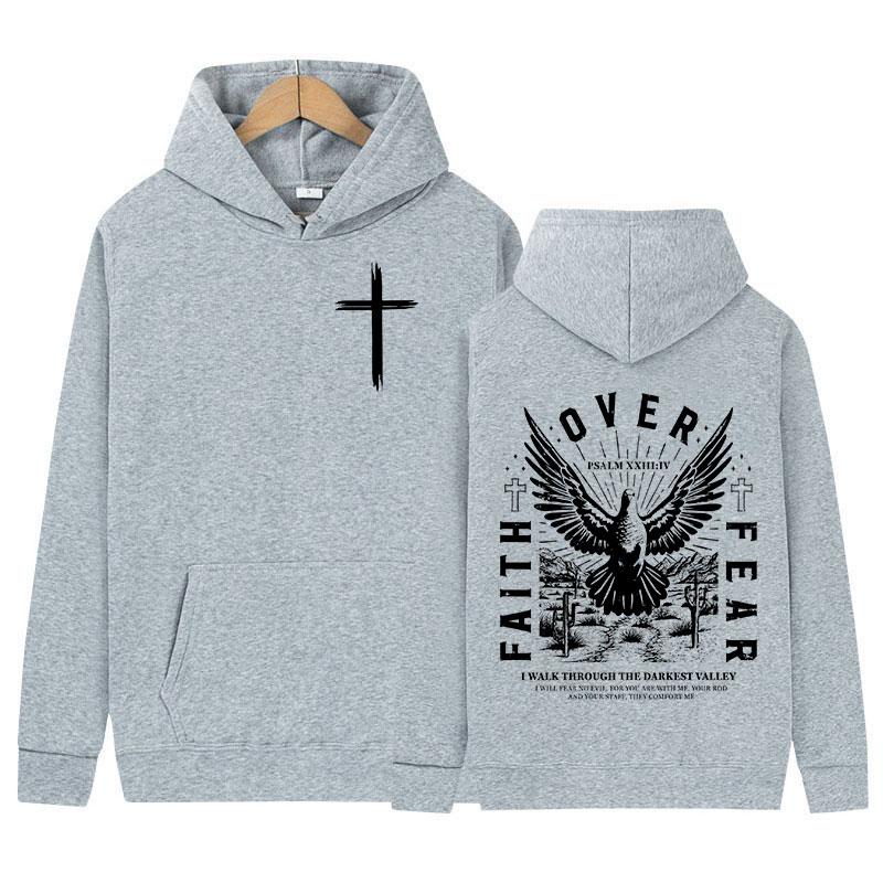 Jesus Faith Over Fear Inverse Letter Print Hoodie Christian Retro Fashion Harajuku Sweatshirt Unisex Fleece Oversized Hoodies