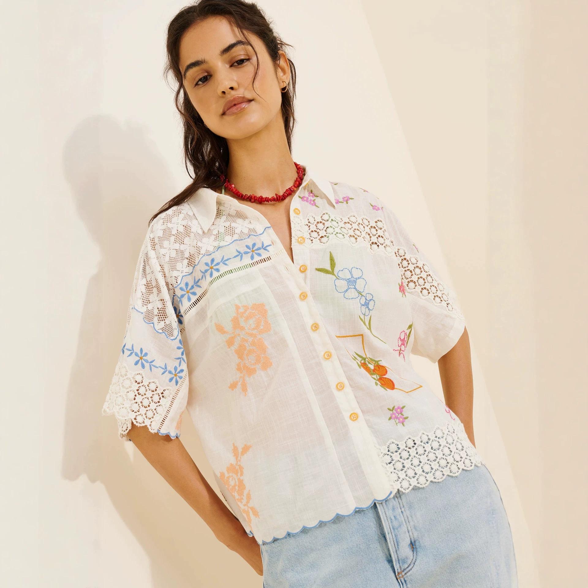 Bohemian Embroidered Lace Splicing Shirt Women s Loose Short Sleeve Vacation Breathable Premium Sunscreen Top XS