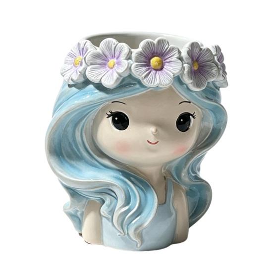Cartoon Face Planter for Cacti Cute Girl Planter, Blue Hair Garland Head Indoor Plants Decorative Resin Plant Pot Succulents Healing Aesthetic