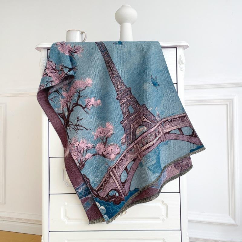 

Imitation cashmere scarf women s new thickened scarf printed iron tower office air conditioner blanket cold and warm shawl 180x65cm озеро синий