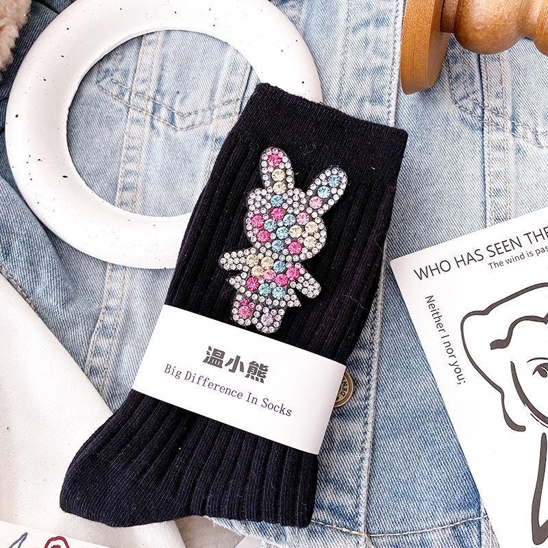 

Носки с мультяшным кроликом, украшенные бриллиантами, модные женские носки с бриллиантами, удобные и дышащие рождественские чулки 35-41