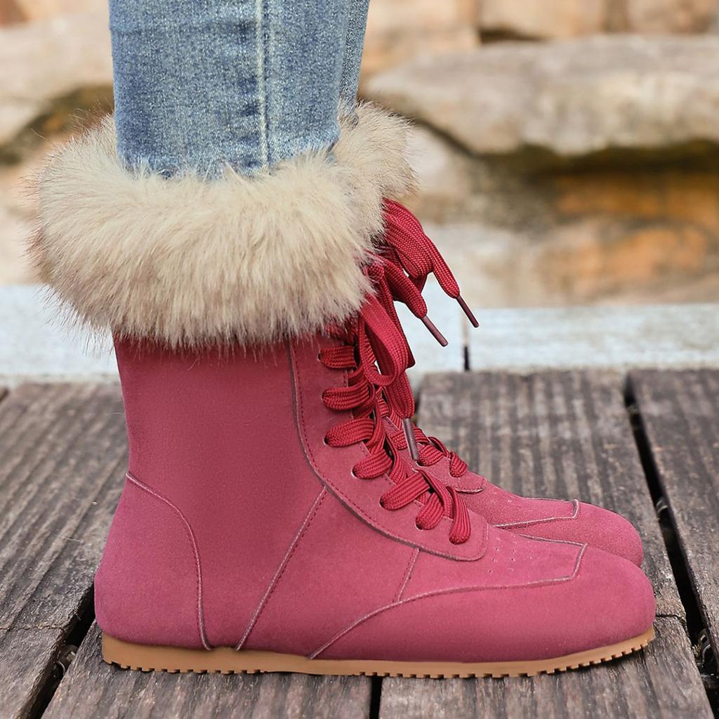 Damen -Gefütterte Schnür-Winterstiefel mit Pelzkragen und runder Spitze