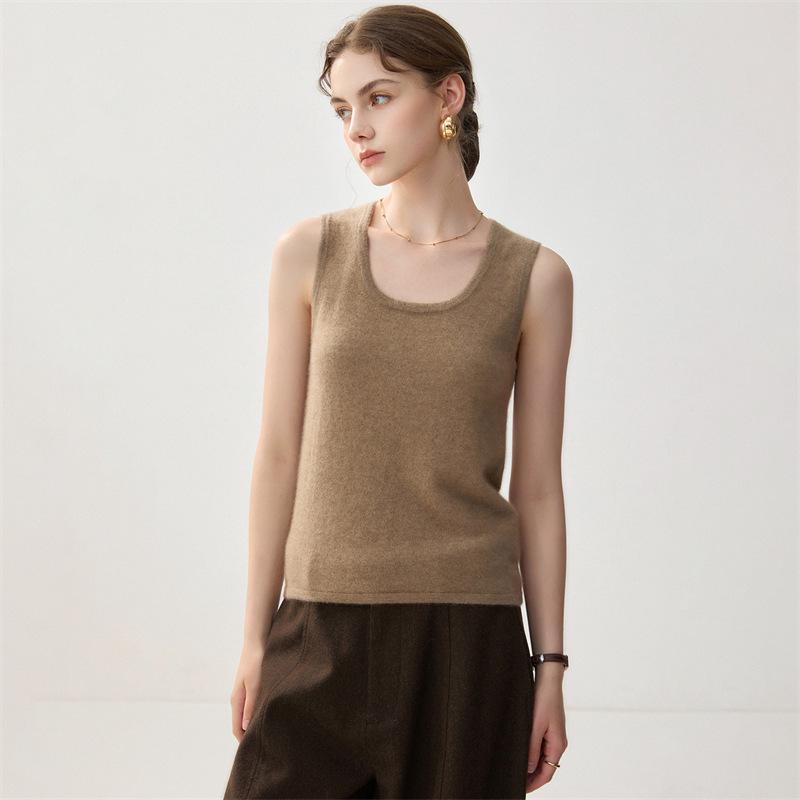 Lekasha Women's Cashmere U-Neck Camisole Sweater - Autumn/Winter Solid Color Knit