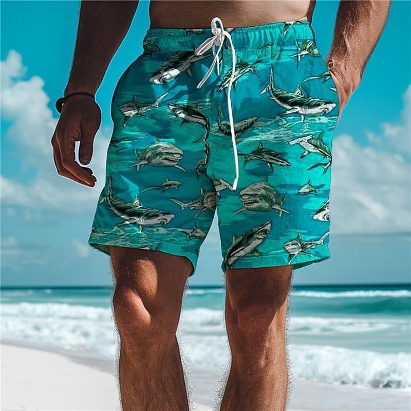 Men's Shark Swimming Trunks Board  Holiday Vacation Holiday Beach Drawstring with Mesh lining Elastic Waist Designer Clothing Apparel
