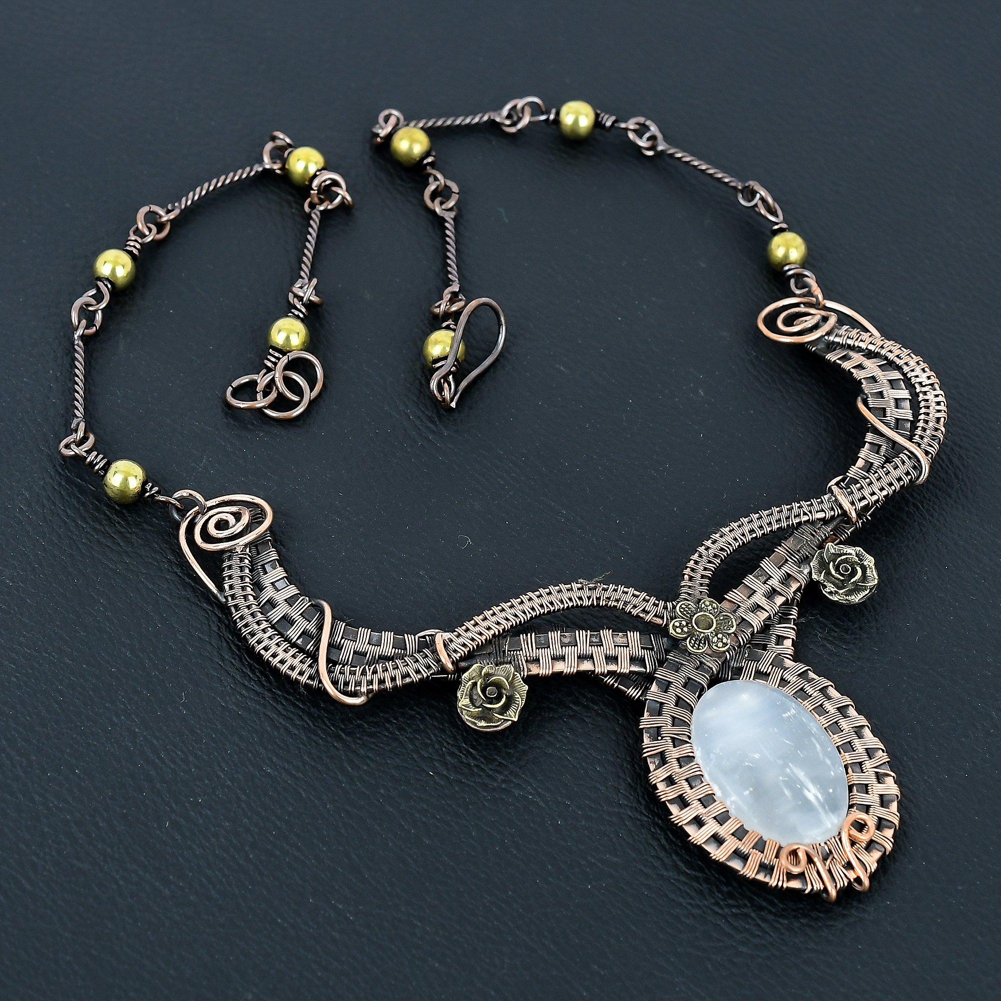 

Selenite Druzy 999 Copper Wire Wrapped Necklace with Adjustable Chain, Handmade Gemstone Jewelry Necklace For Memorial Day