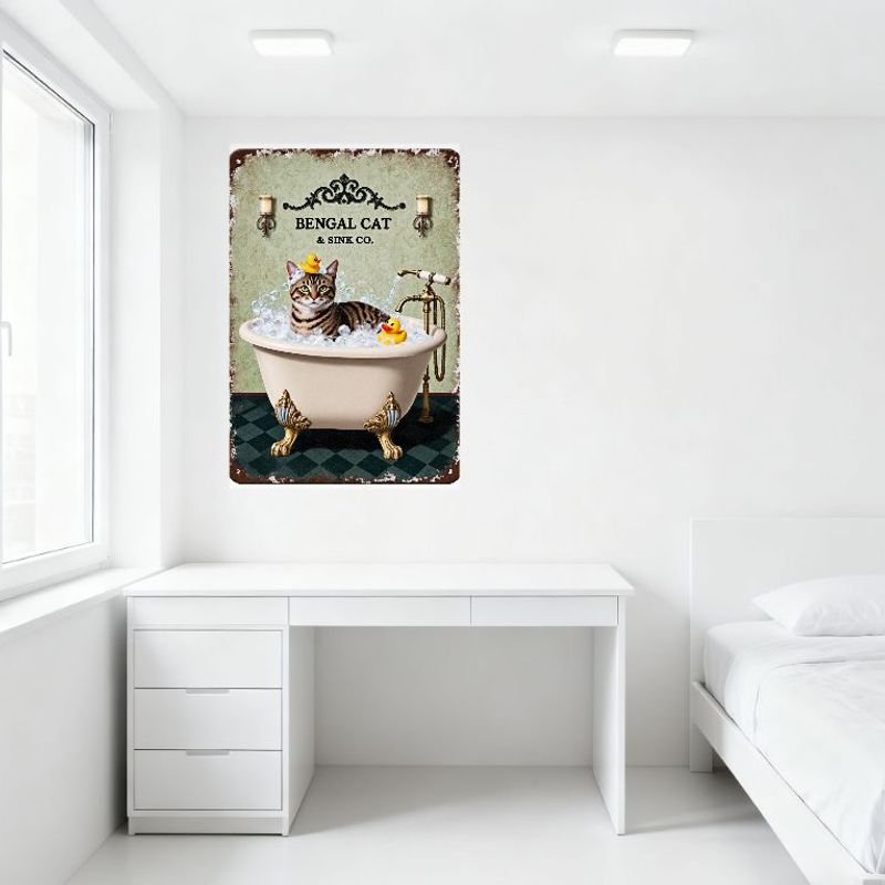 Vintage Bengal Cat in Bathtub Tin Sign, Whimsical Cartoon Wall Decor with Rubber Ducks & Candle Sconces, Metal Poster for Home B