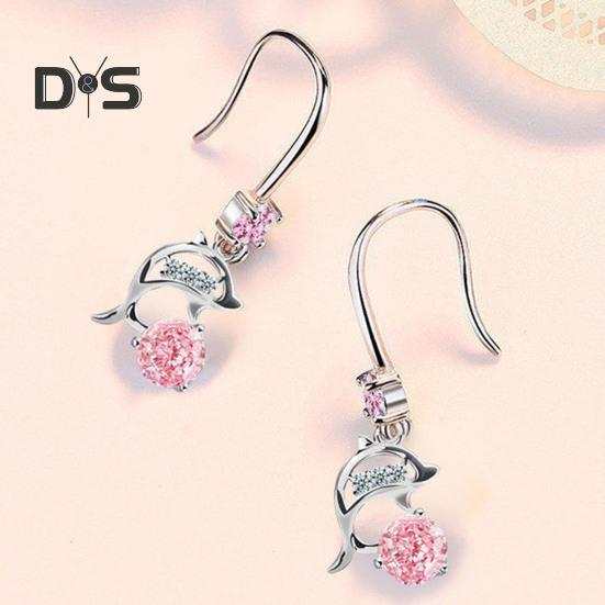 1 Pair Korean Style Hook Earrings Dolphin Design Shiny Rhinestones Drop Earrings Women Mid-length Earrings