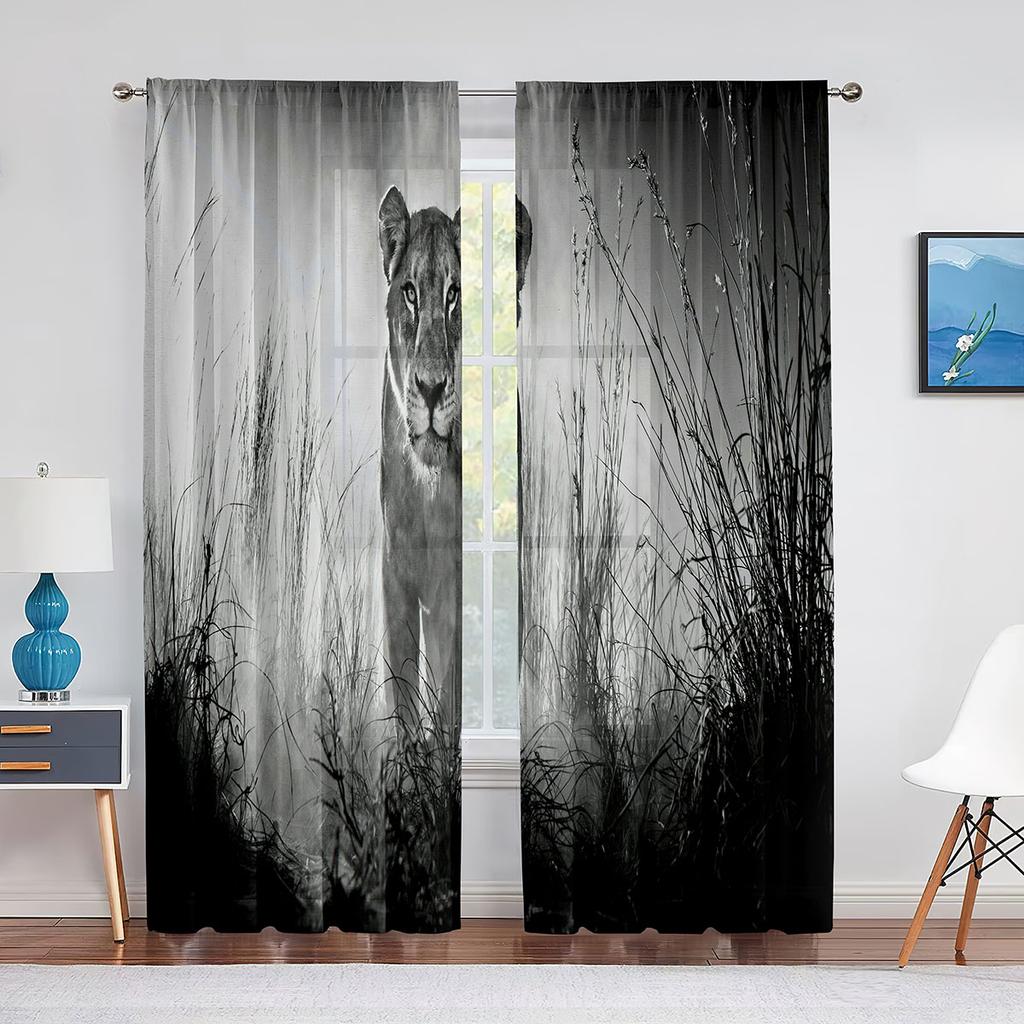 Tende in Tulle Tigre per Decorazione Soggiorno Foglie Verdi Animale Selvatico Tenda Voile Velata per Camera da Letto Cucina Tendaggi per Finestre Tende