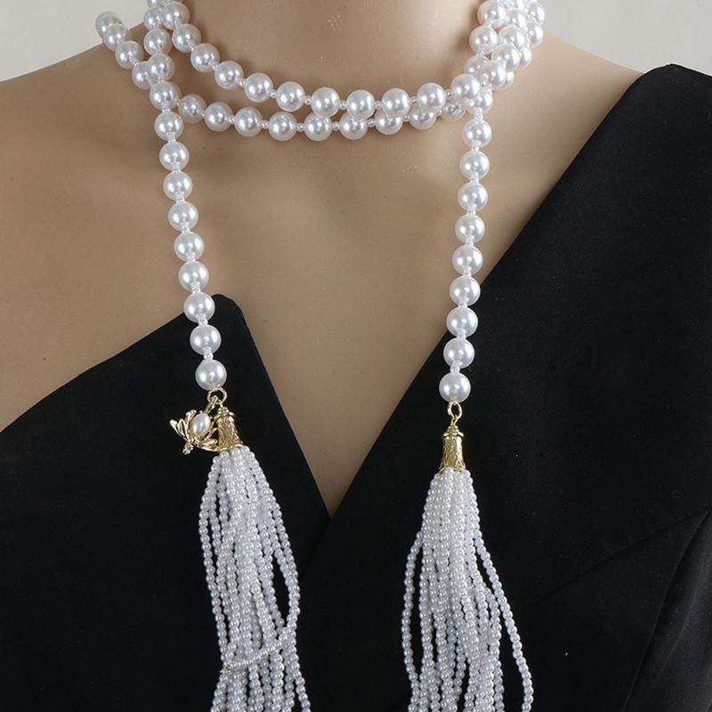 Imitation Pearls Bead Necklace Tassels Choker Elegant Fringes Neckchain Fashion Accessory for Sweaters and Waist