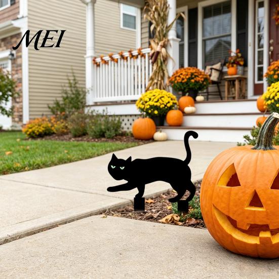 Durable Halloween Yard Signs Garden Stake, Black Cat Sign with Glow-in-the-dark Stakes Eyes, Waterproof Spooky Ghost Silhouette for Lawn Pathway