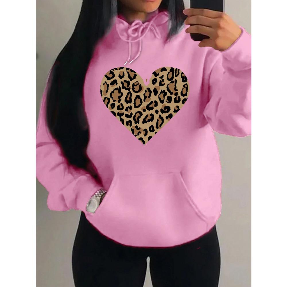 Simple Leopard Print Heart Design Hoody Women Oversize Fleece Hoodies Autumn Hip Hop Sportswear Fashion Clothing