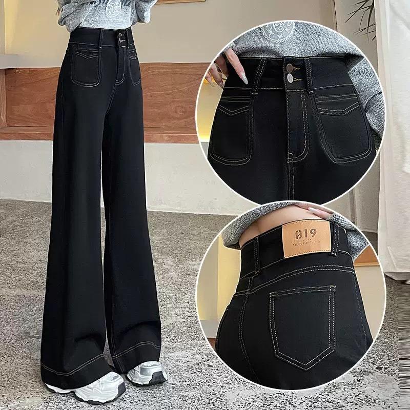 Black narrow wide-leg jeans for women, fleece-lined autumn/winter, new high-waisted stretch straight-leg pants