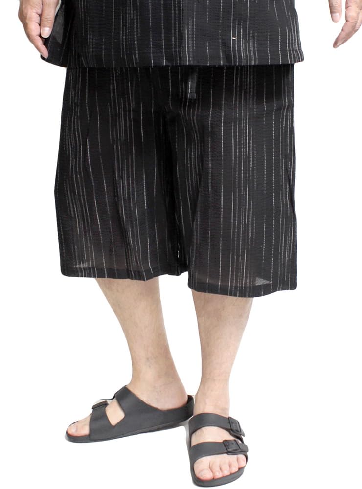 One Colors Shijira Weave Jinbei Japanese Solid Size 3L Men's Set, Pattern, Color, Striped, Black, (4)