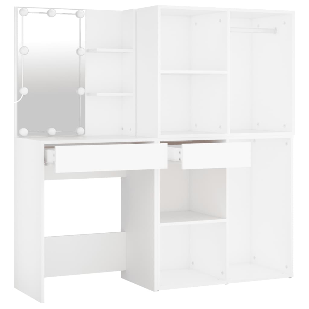 LED Makeup Table with 2 Cabinets White Wood Based Material