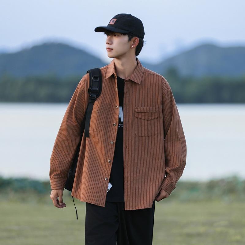 

Весна и осень Мужская новая свободная повседневная полосатая рубашка с длинным рукавом 3XL коричневый