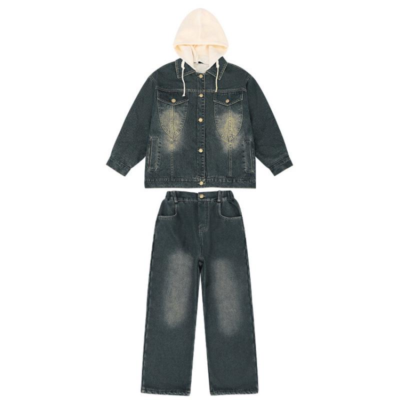 Mädchen Denim-Set, Herbst/Winter-Stil, Kapuzenjacke und Weitbein-Hose Zweiteiler