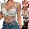 Ladies' Fishing Net Shiny Diamond Slit Sexy Exposed Navel Vest