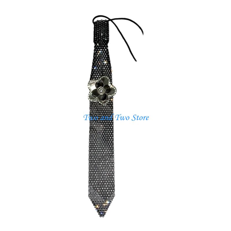 HX6F Elegant Rhinestones Flower Necktie Adjustable Uniform Ties For Prom Wear Elastic Strap For Banquets Business Meetings чёрный
