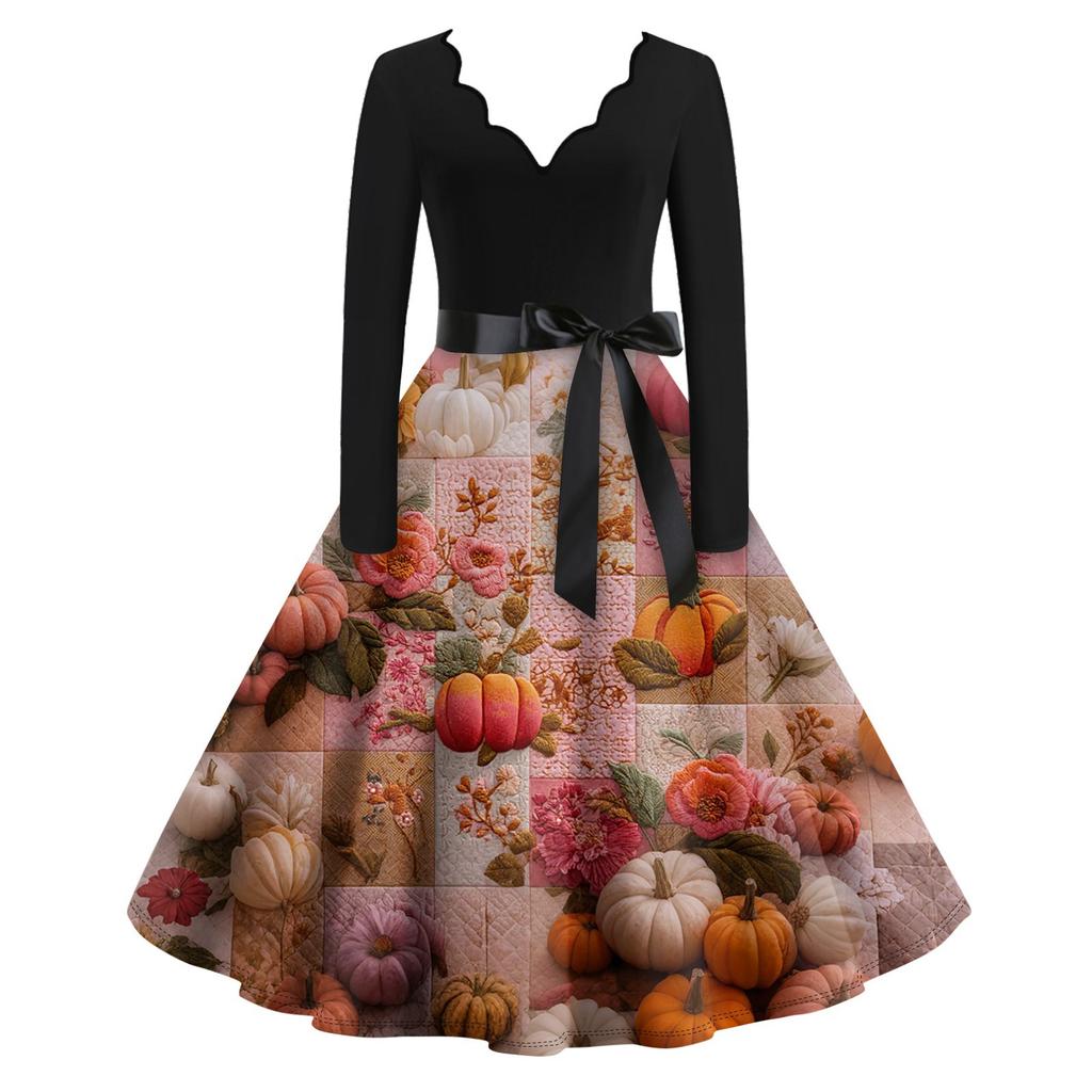 Women's Casual Fashion Long Sleeve Halloween Graphic Printed Vintage Long Dresses