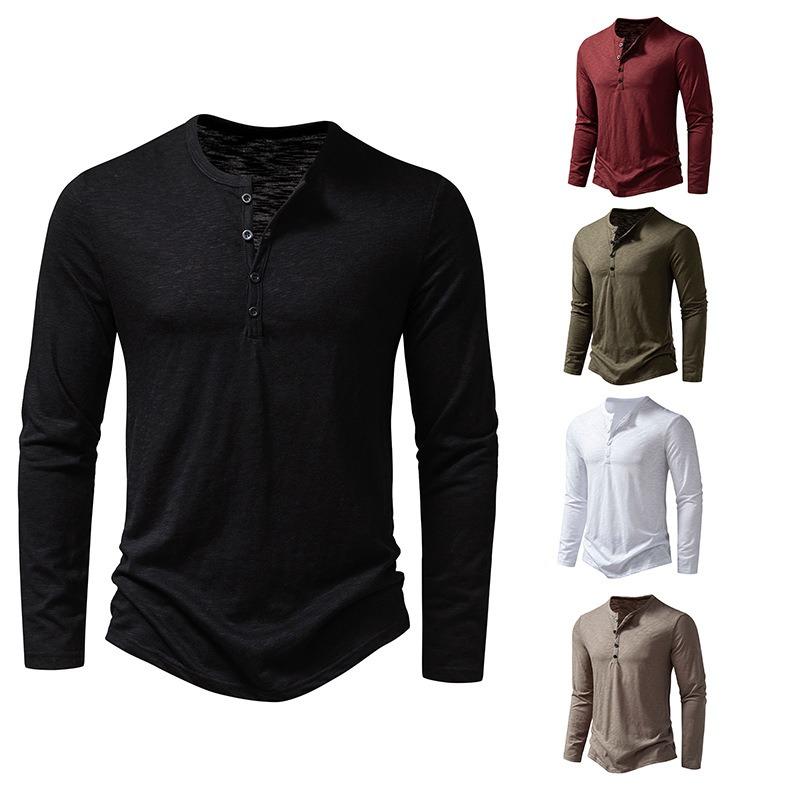 Mens Loose Slub Cotton Henley Collar Long Sleeve Casual T Shirt
