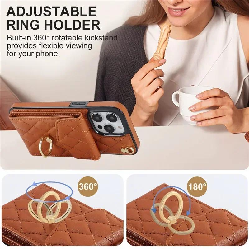 Crossbody Lanyard Leather Wallet Card Phone Case for iPhone 17 Air 16E 16 15 Pro Max 14 Plus 13 12 11 X XS XR Ring Flip Cover