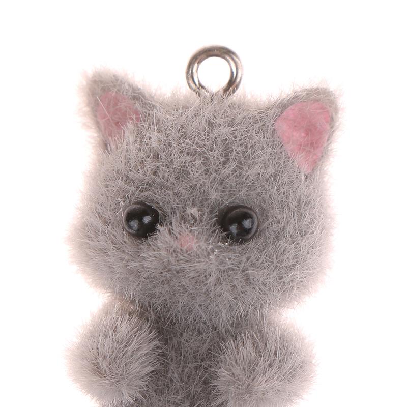 2Pcs Cat Bear Pendant Kawaii 3D Fluffy Flocking Charms Miniature Dolls Keychain Necklace Pendant Diy Crafts Jewelry Make