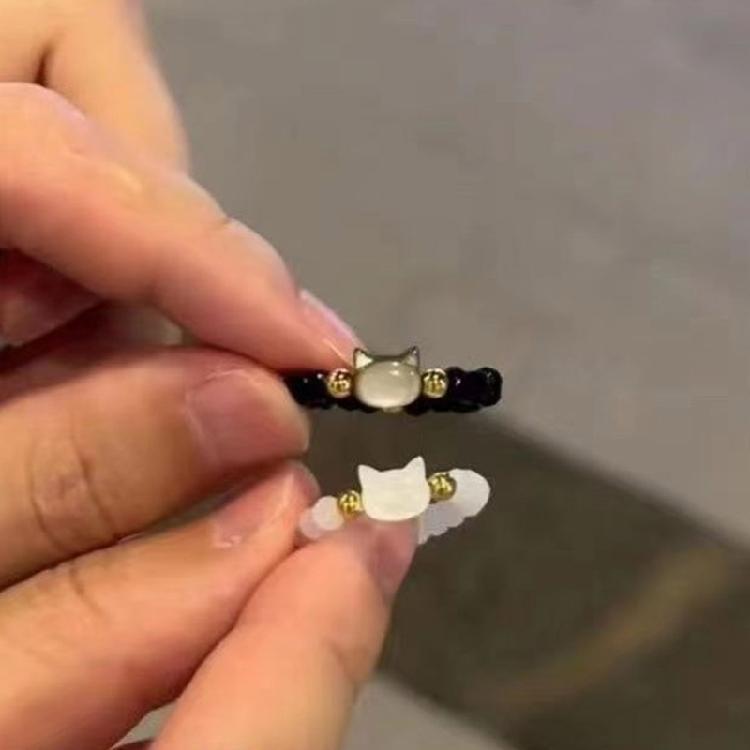 2pcs Miniature Black White Cats Rings Natural Moonstone Obsidian Rings Party Accessories Jewelry for Everyday Wear