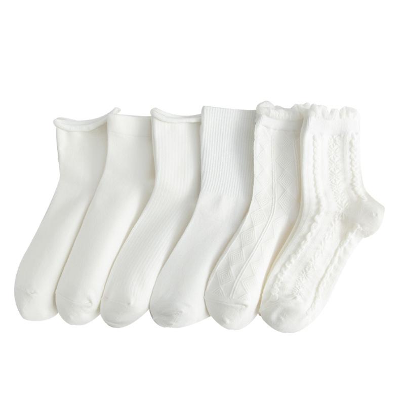 Girls' White Mid-Calf Summer Socks, Thin Japanese JK Style with Lolita Bubble Cuffs