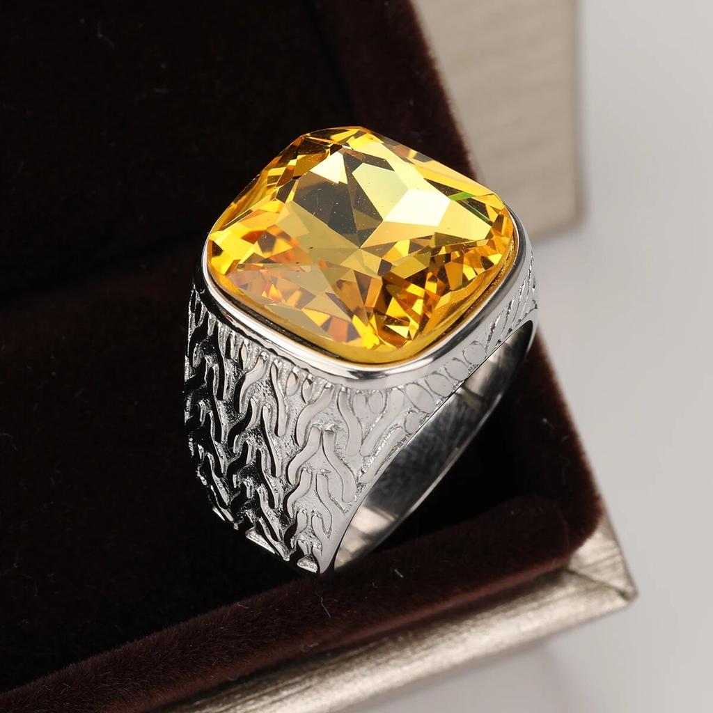 Hombre Mujer Retro Acero inoxidable Joyería Vintage Corte princesa Diamante de imitación amarillo Propuesta antigua Anillos de regalo Alianza de boda nupcial
