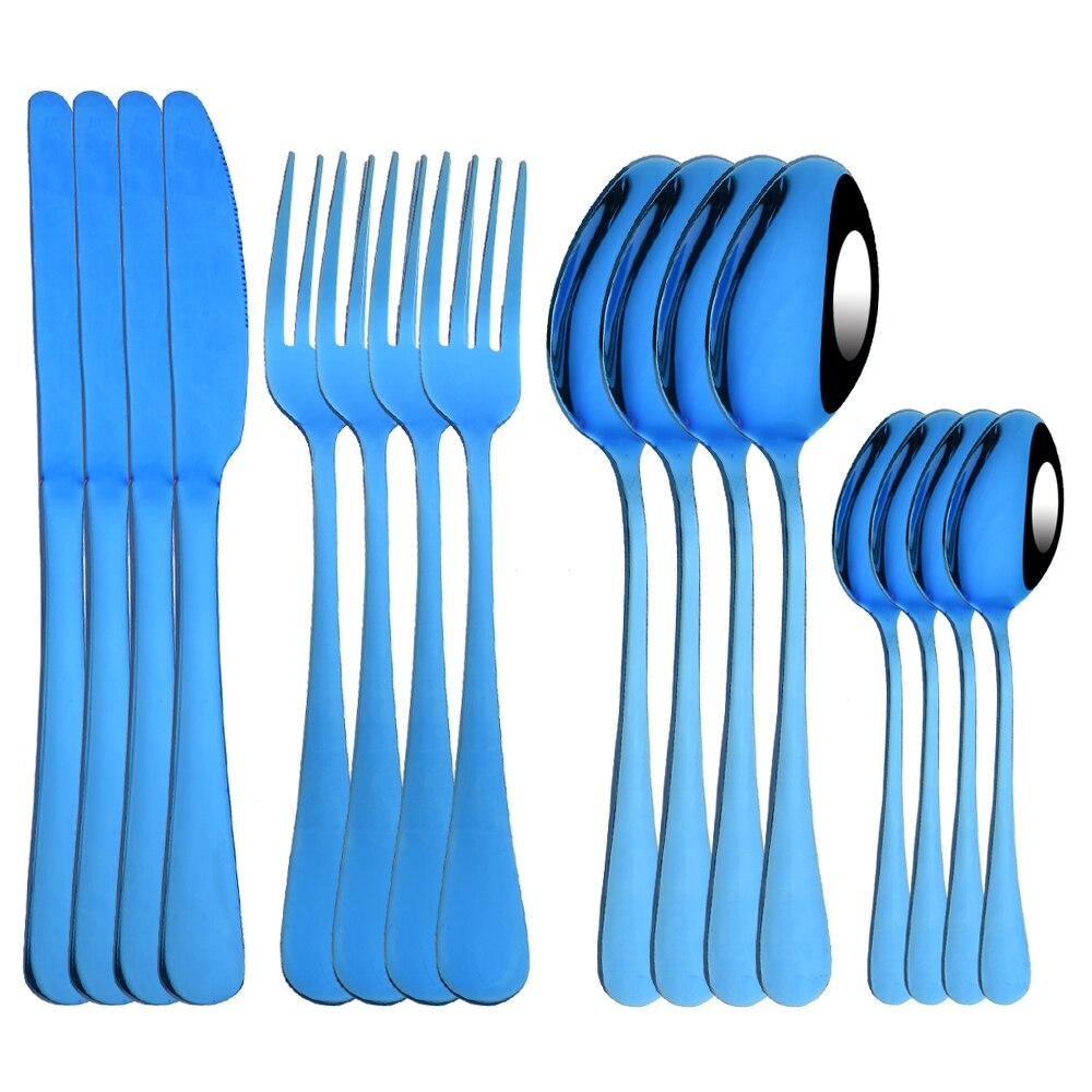 4pcs/16pcs Stainless Steel Blue Dinnerware Cutlery Set Mirror Polished Flaware Set Tableware Dinner Fork Spoon Knife Set