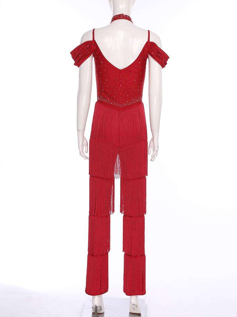 Damen Latein-Tanzparty Jumpsuit S-XXL: Halter Off-Shoulder rückenfreie Strampler mit Strasssteinen, mehrstufigen Quasten für Samba, Rumba, Gesellschaftstanz