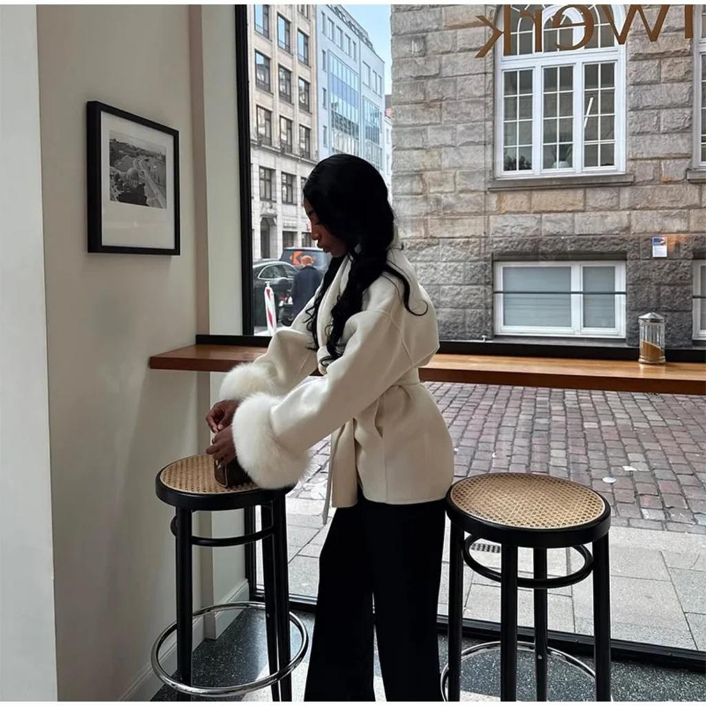 VAYLA Chic Lapel Plush Coat With Belt Women Vintage Solid Faux Fur Sleeve Tweed Open Coats Female Autumn Casual Street Outwear